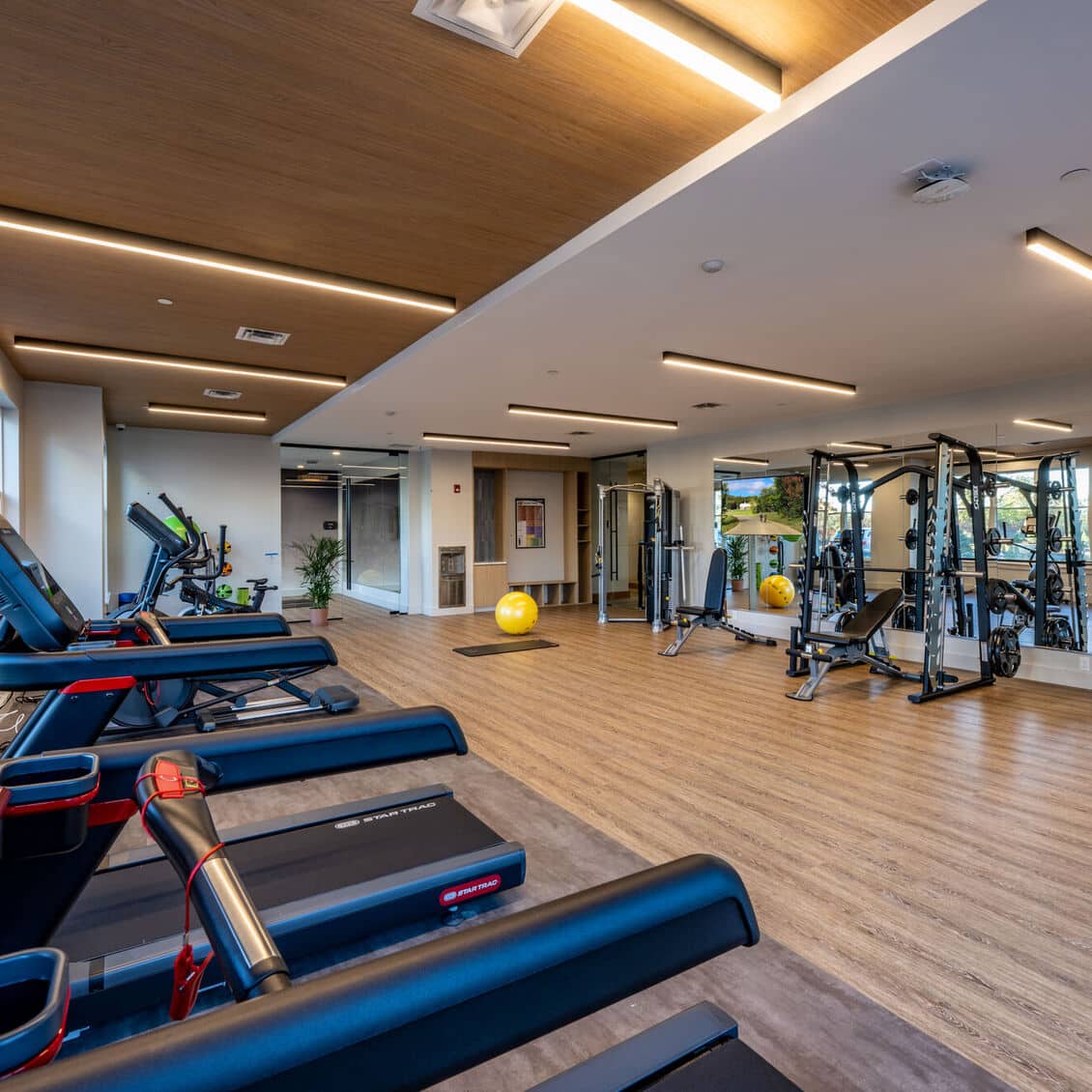 Apartment community fitness studio featuring treadmills, resistance equipment, and natural lighting