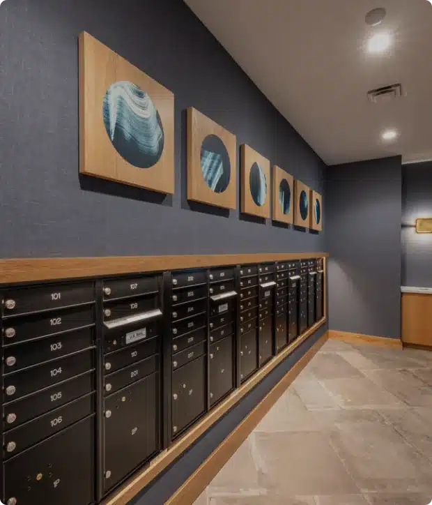 Wall-mounted black mailboxes with modern circular artwork displayed above in apartment mailroom