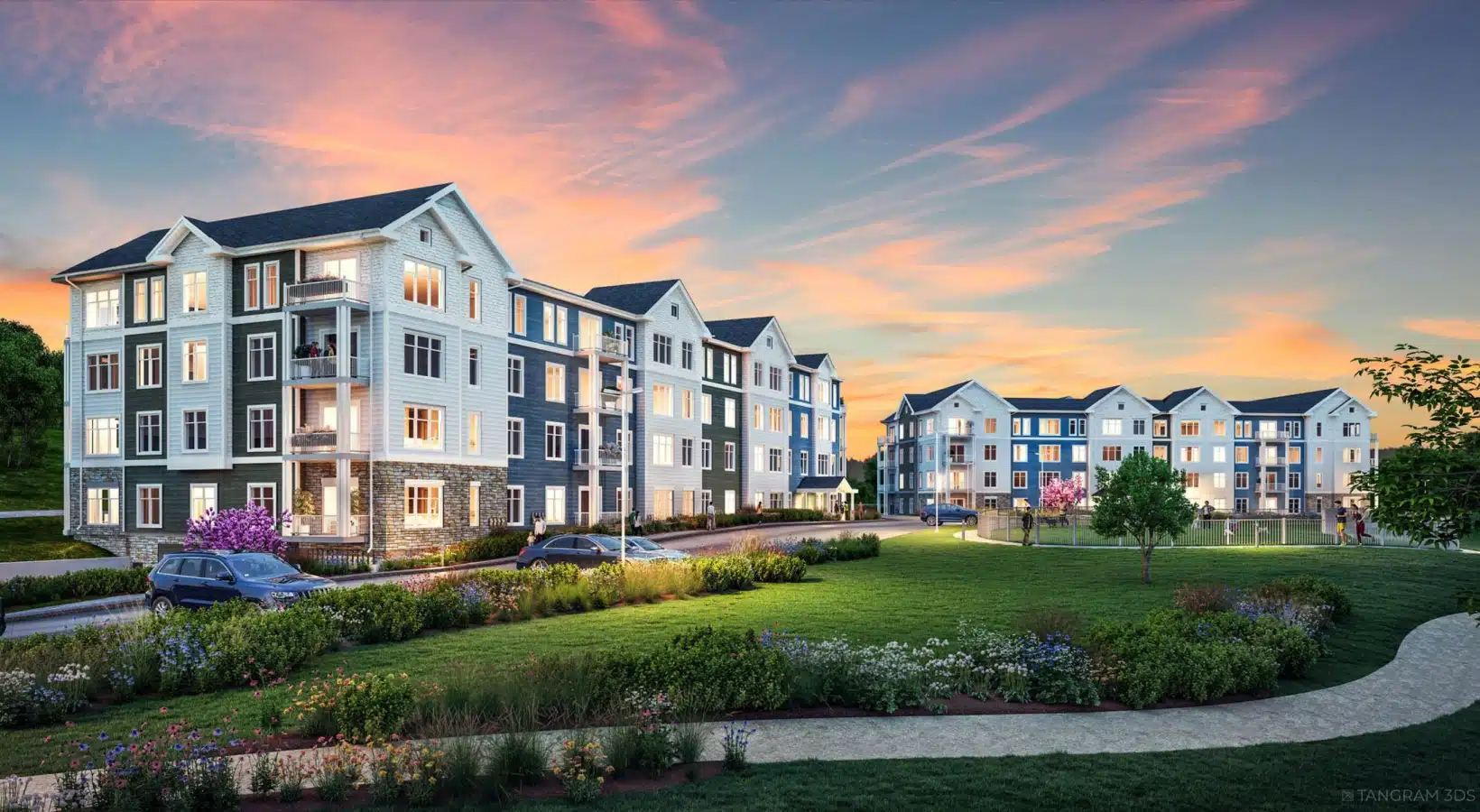 The Apartments at Cold Brook Crossing in Sudbury, MA, rendering at sunset featuring illuminated windows, landscaped lawn, and walking paths.