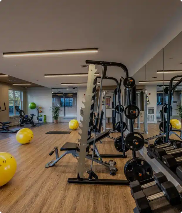 Spacious apartment gym with strength training machines, exercise balls, and full-length mirrors