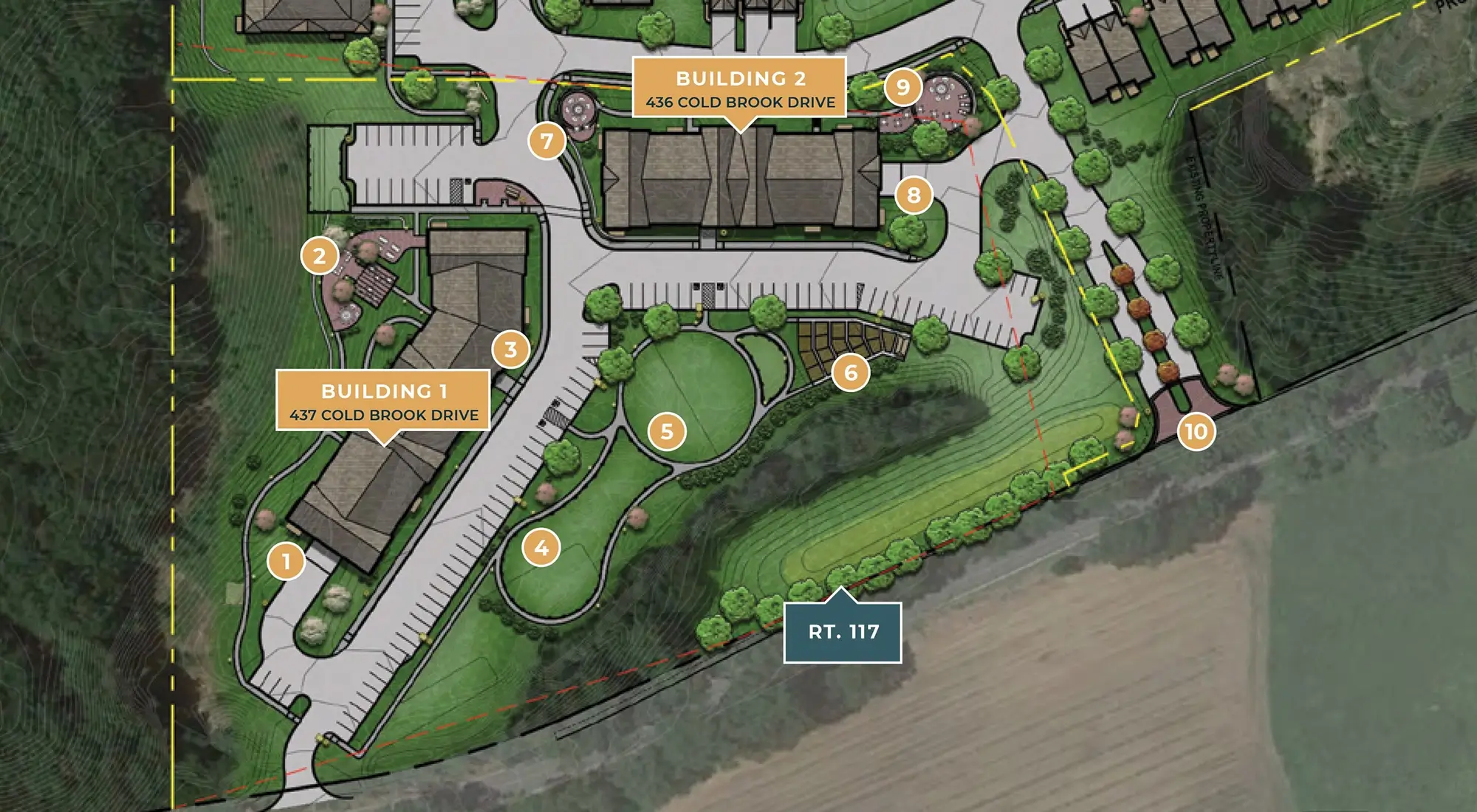 Aerial layout of Pulte Homes community showing labeled features, streets, and planned landscaping